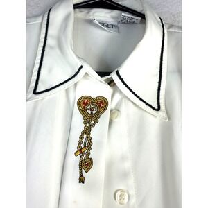 Koret Blouse Womens Size 18 White Embroidered Heart Button Front Y2K Career Top